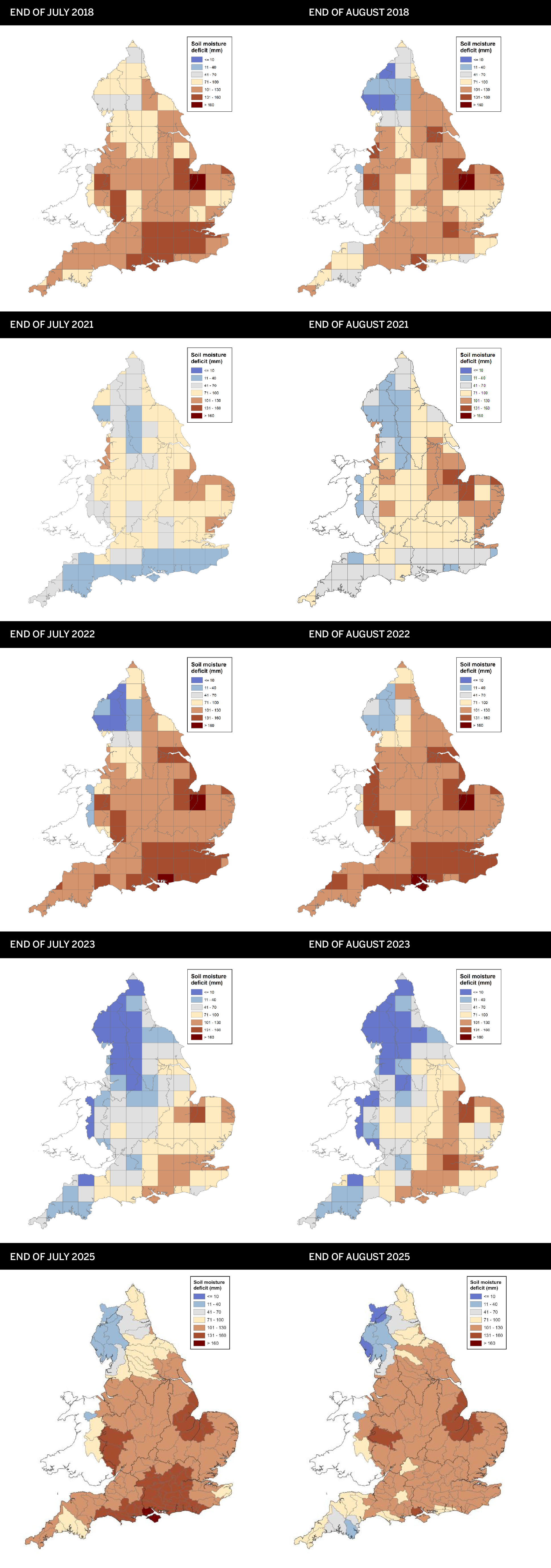 FIGURE 2: SMD MAPS FROM ENVIRONMENT AGENCY’S AUGUST MONTHLY WATER REPORT FOR 2018, 2021, 2022, 2023 AND 2025