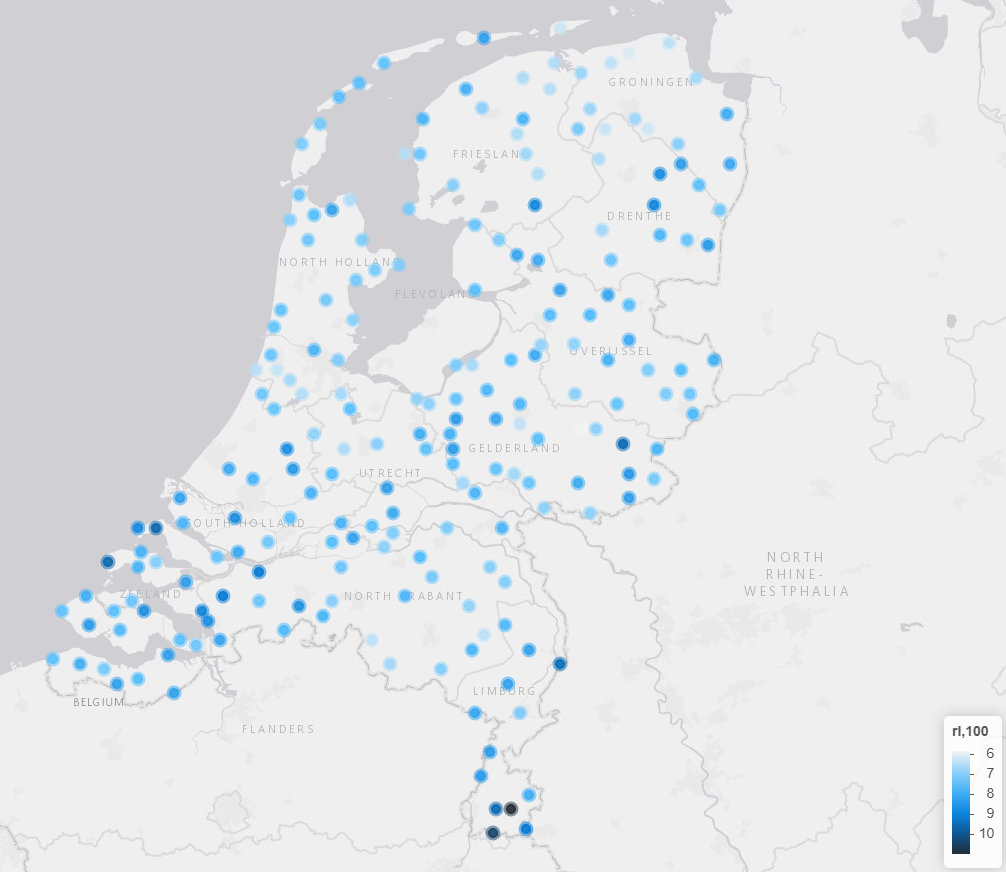 Figuur 1: neerslagwaardes per dag (in centimeter) behorende bij een terugkeerperiode van 100 jaar