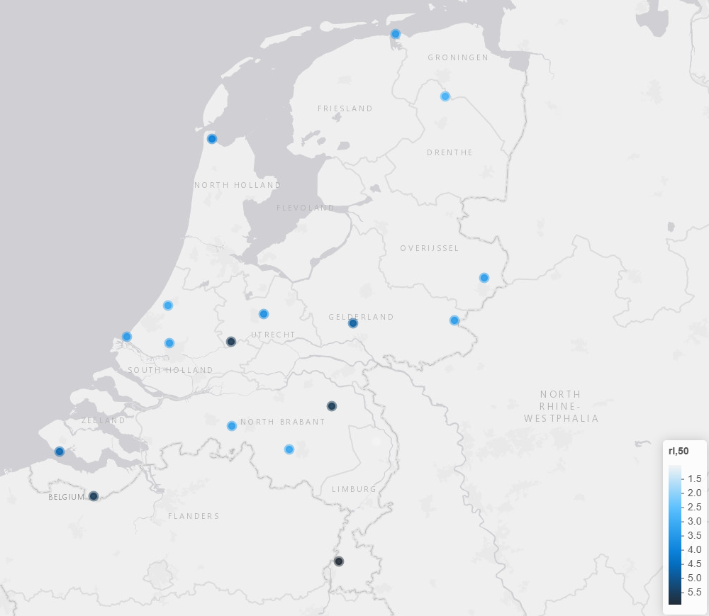 Figuur 2: neerslagwaardes per uur (in centimeter) behorende bij een terugkeerperiode van 50 jaar