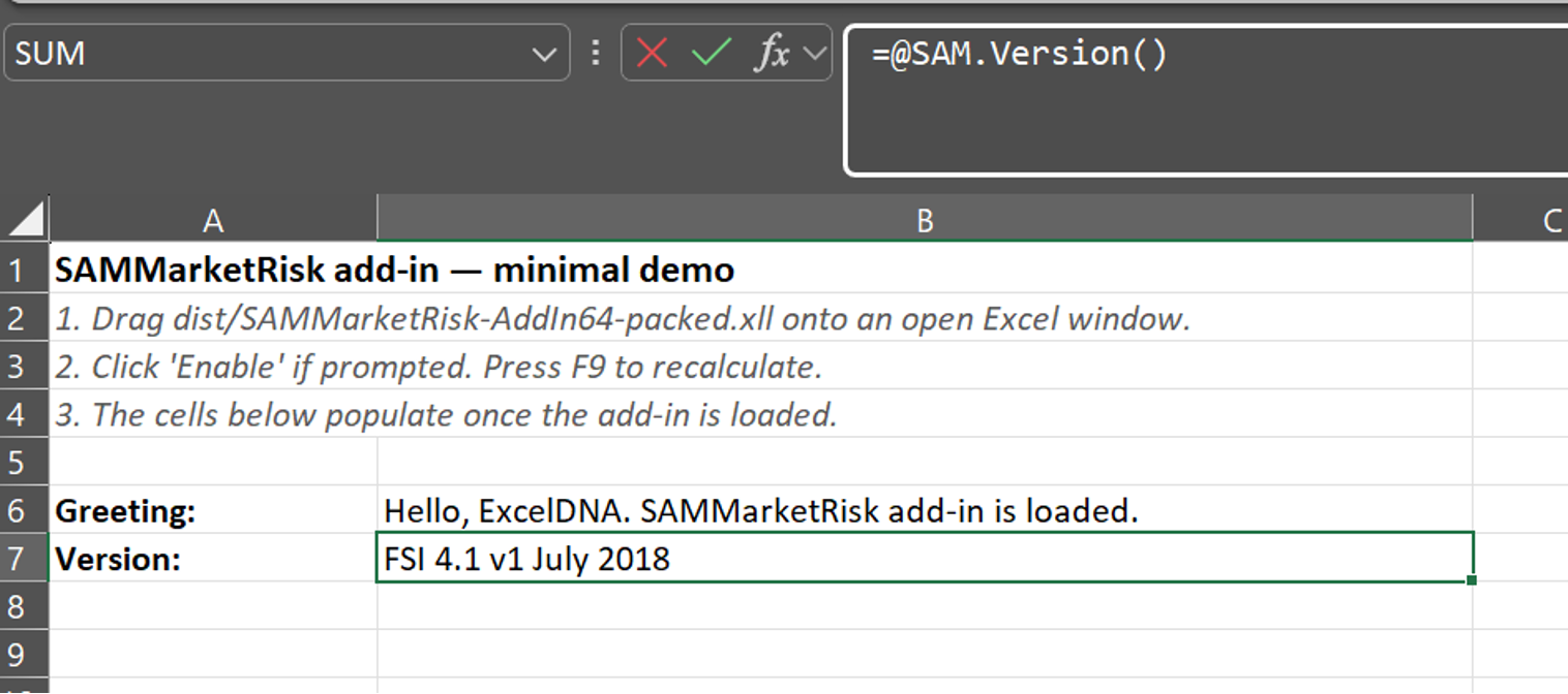 Figure 2: An Excel workbook shows an example of a function created to generate and confirm the version of the underlying add-in used