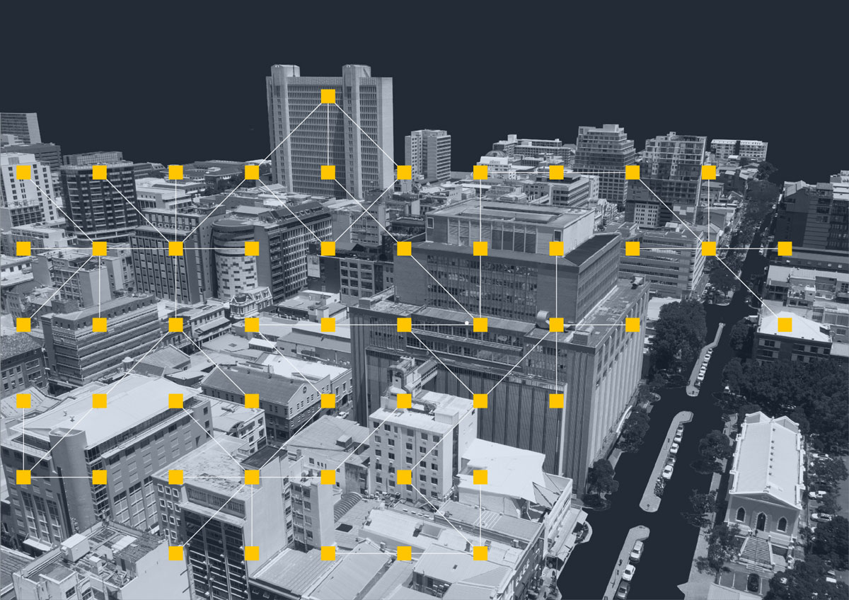 African cityscape with a matrix of yellow dots