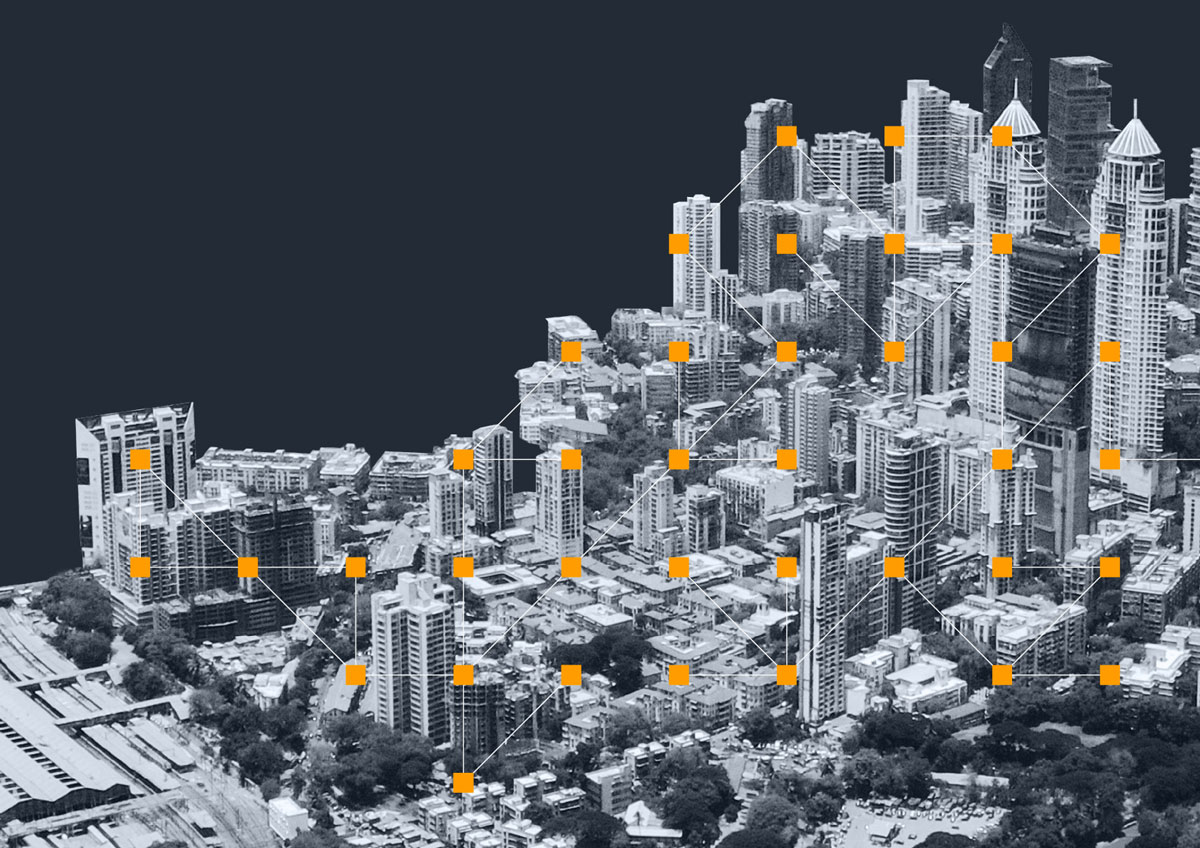 Asian cityscape with matrix of orange dots