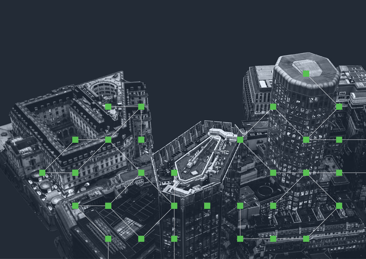 European cityscape with matrix of green dots
