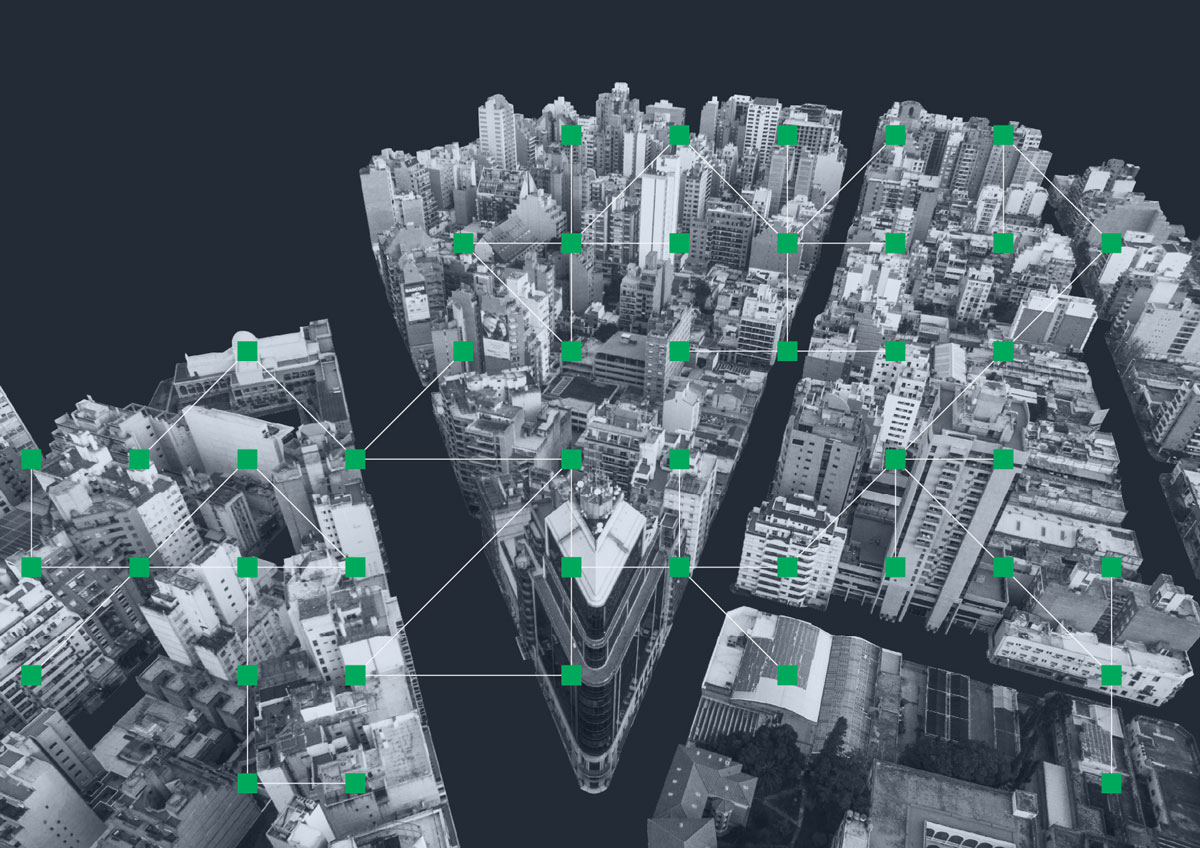 Latin American cityscape with matrix of green dots