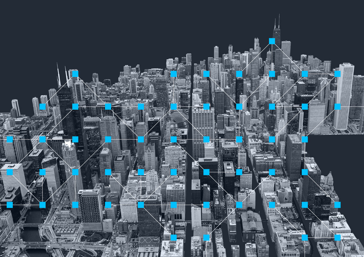 North American cityscape with matrix of blue dots
