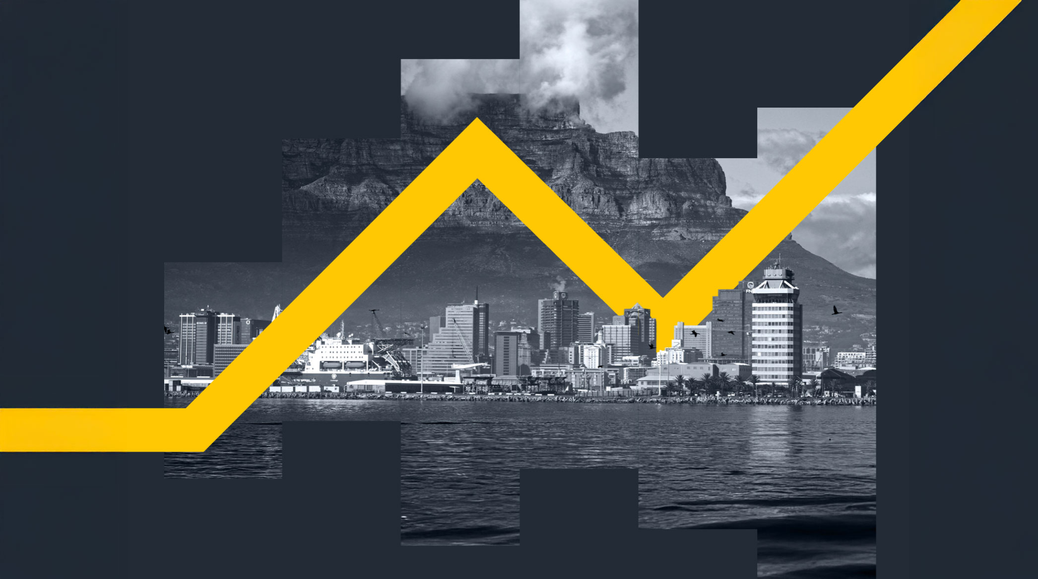 African city skyline with yellow upwards trendline