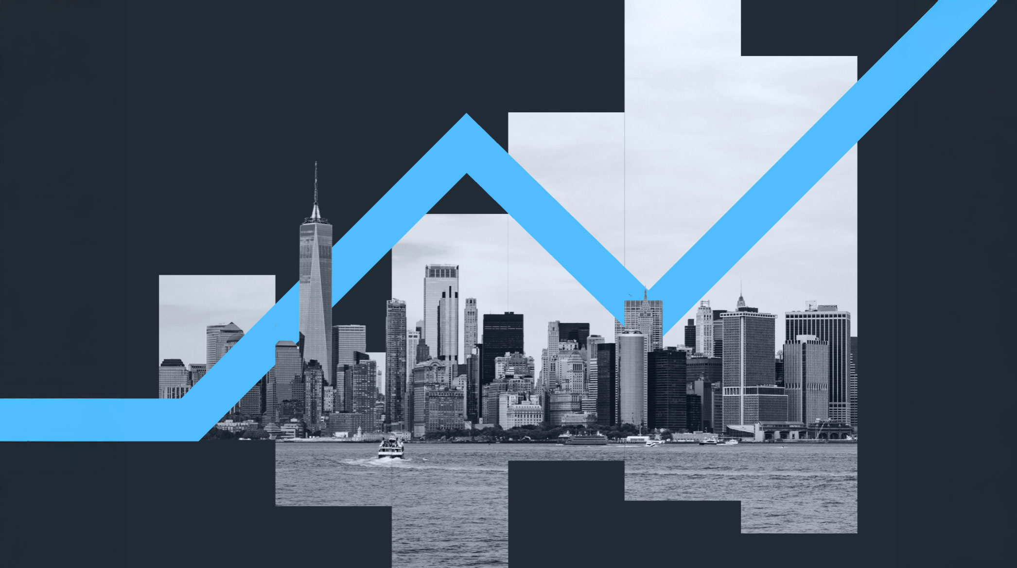 US city skyline with blue upwards trendline