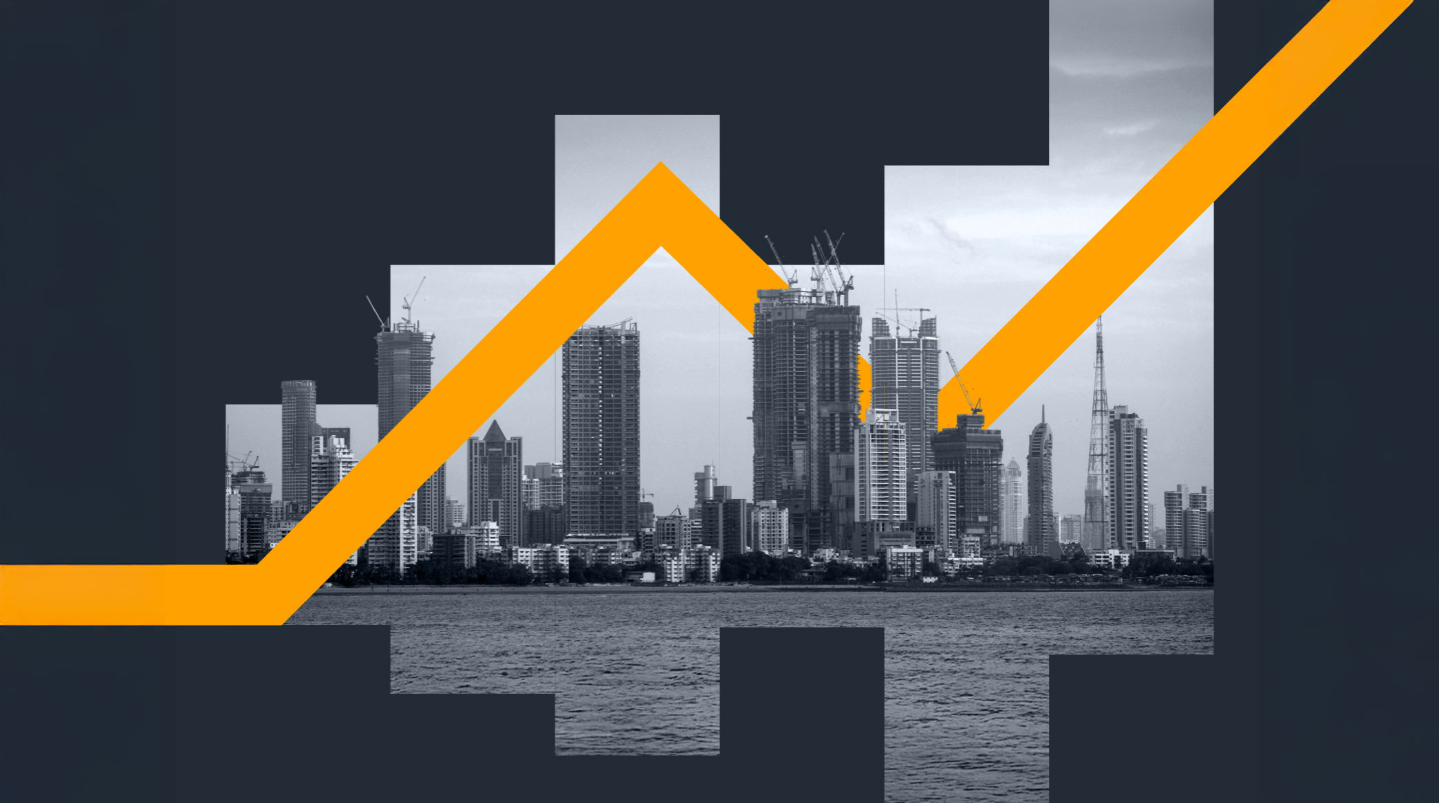 Asian city skyline with orange upwards trendline