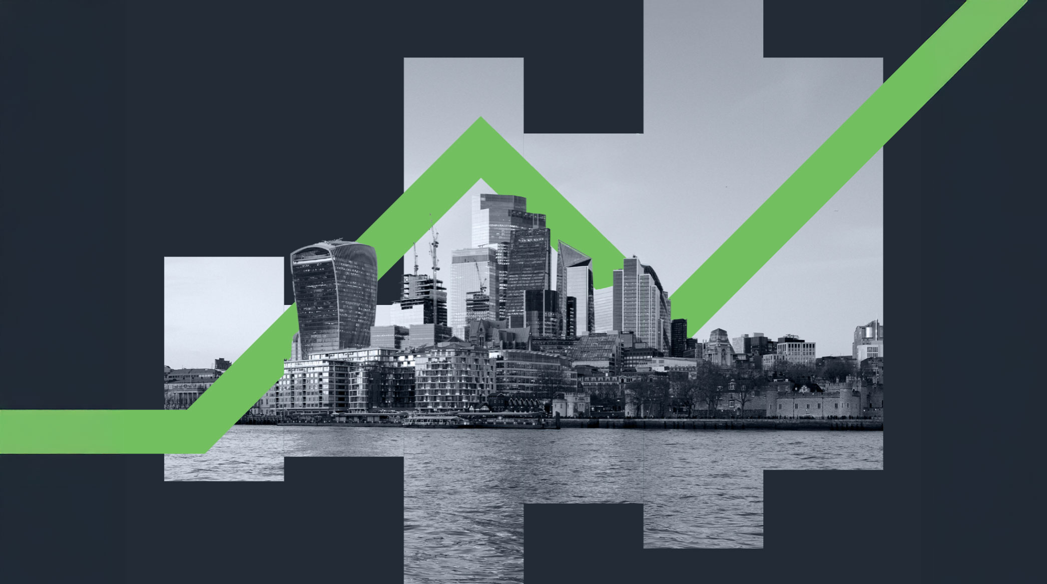 European city skyline with green upwards trendline