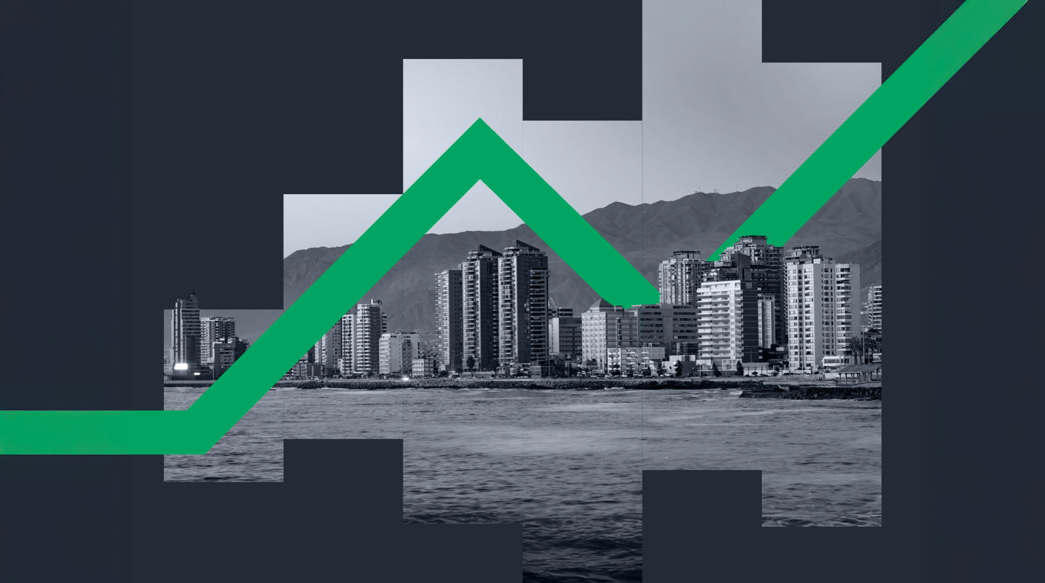 Latin America city skyline with green upwards trendline